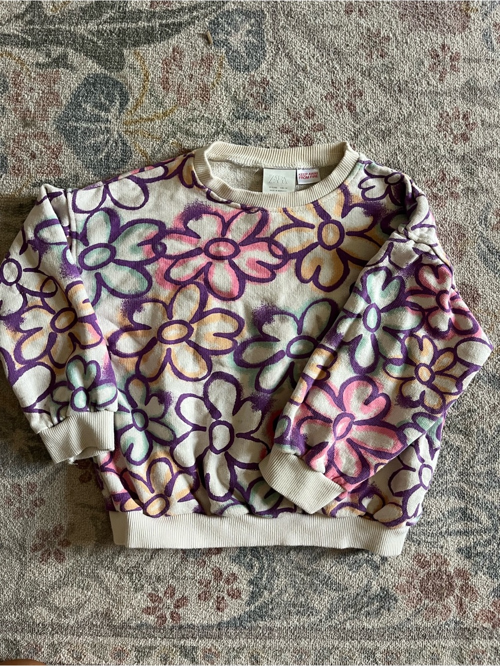 Zara Cream Crewneck Sweater with Multicolor Floral Outline
